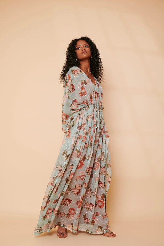 Aqua floral drawstring Kaftan