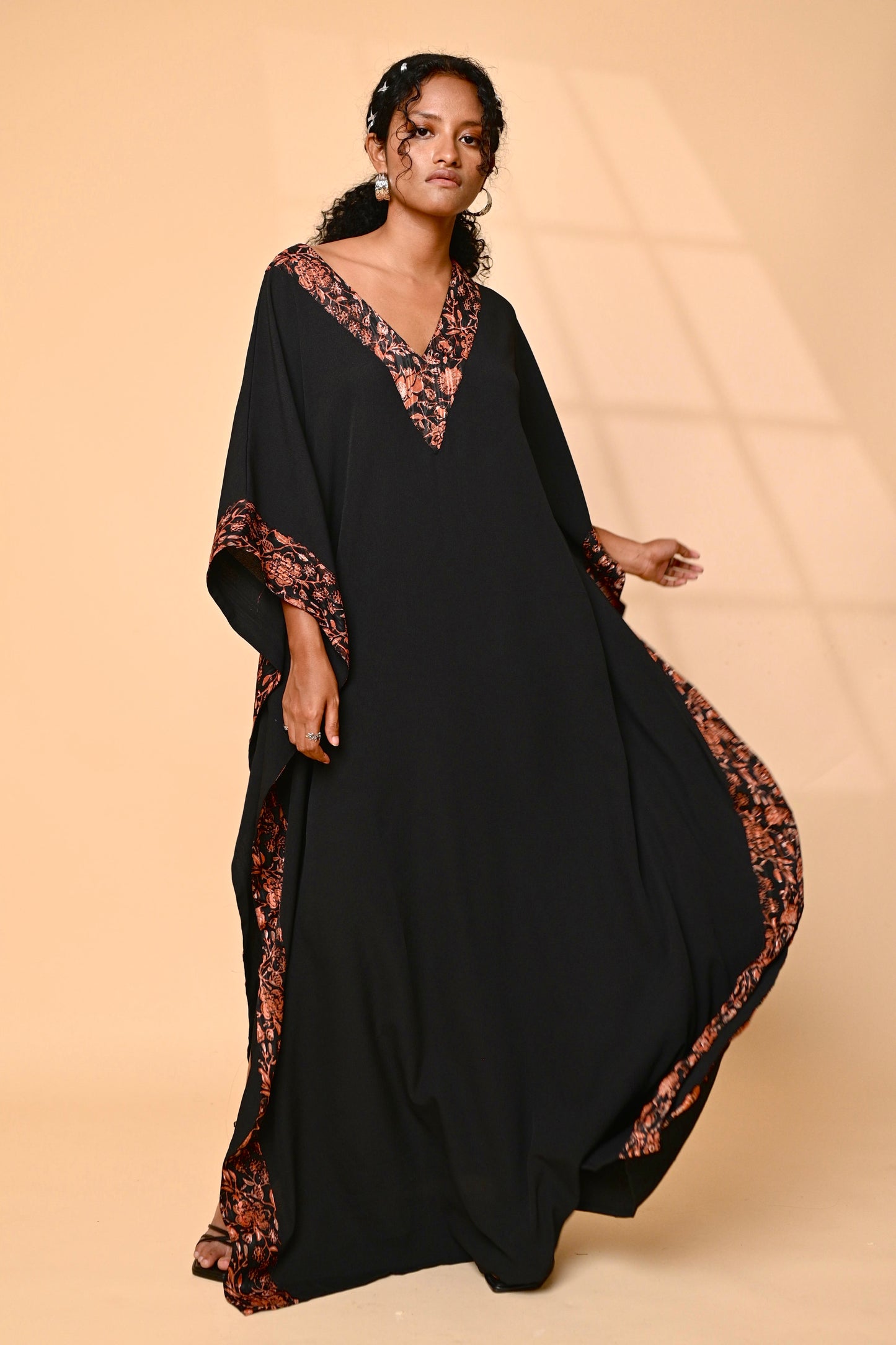 Onyx black kaftan with print detail