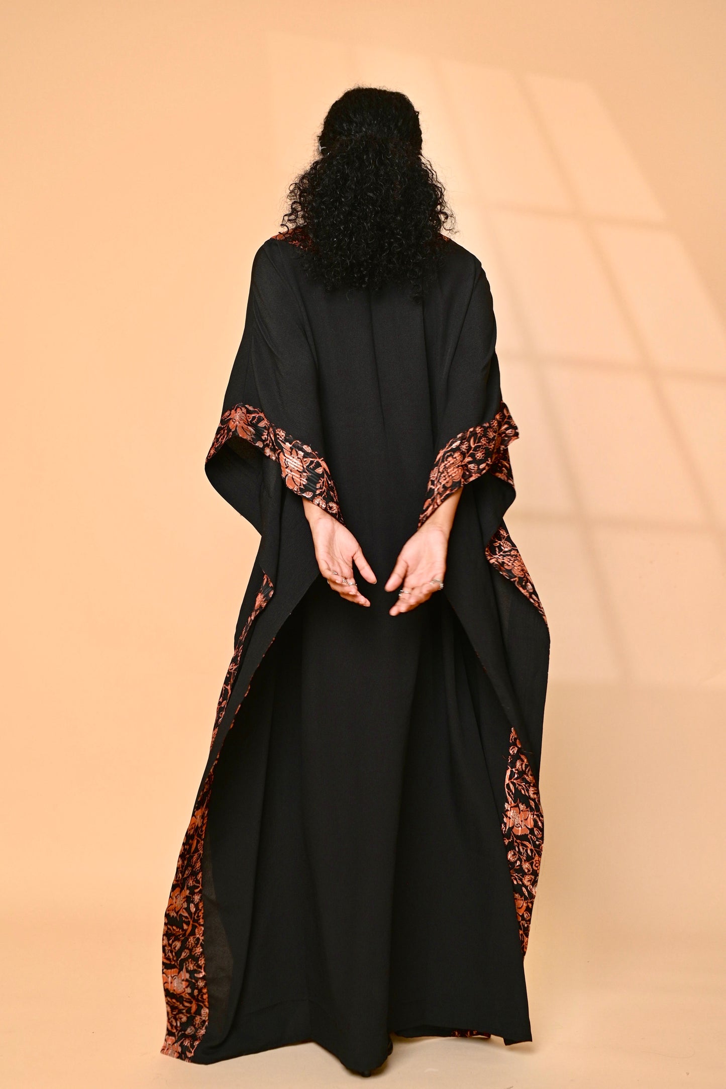 Onyx black kaftan with print detail